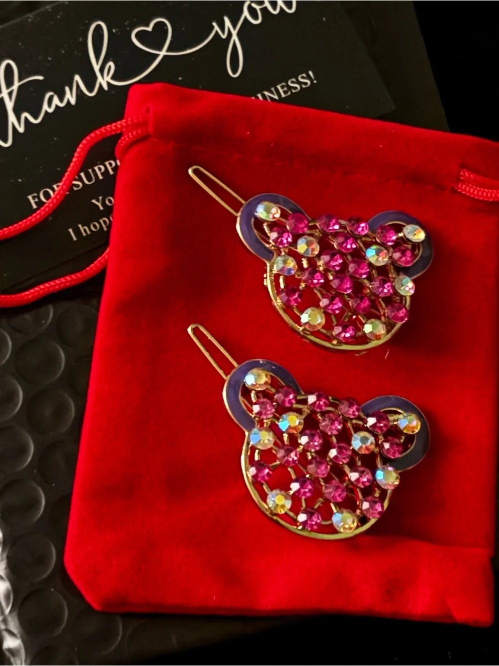 Pink Rhinestone Teddy Bear Hair Clips Set of 2
